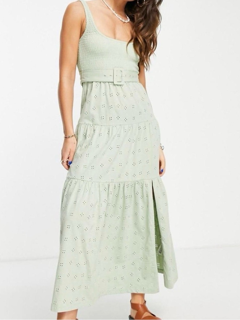 ASOS Mint Green Eyelet Tiered Maxi Dress with Belt